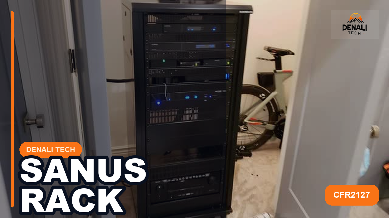 SANUS CFR2127 AV rack with high-end home theater equipment